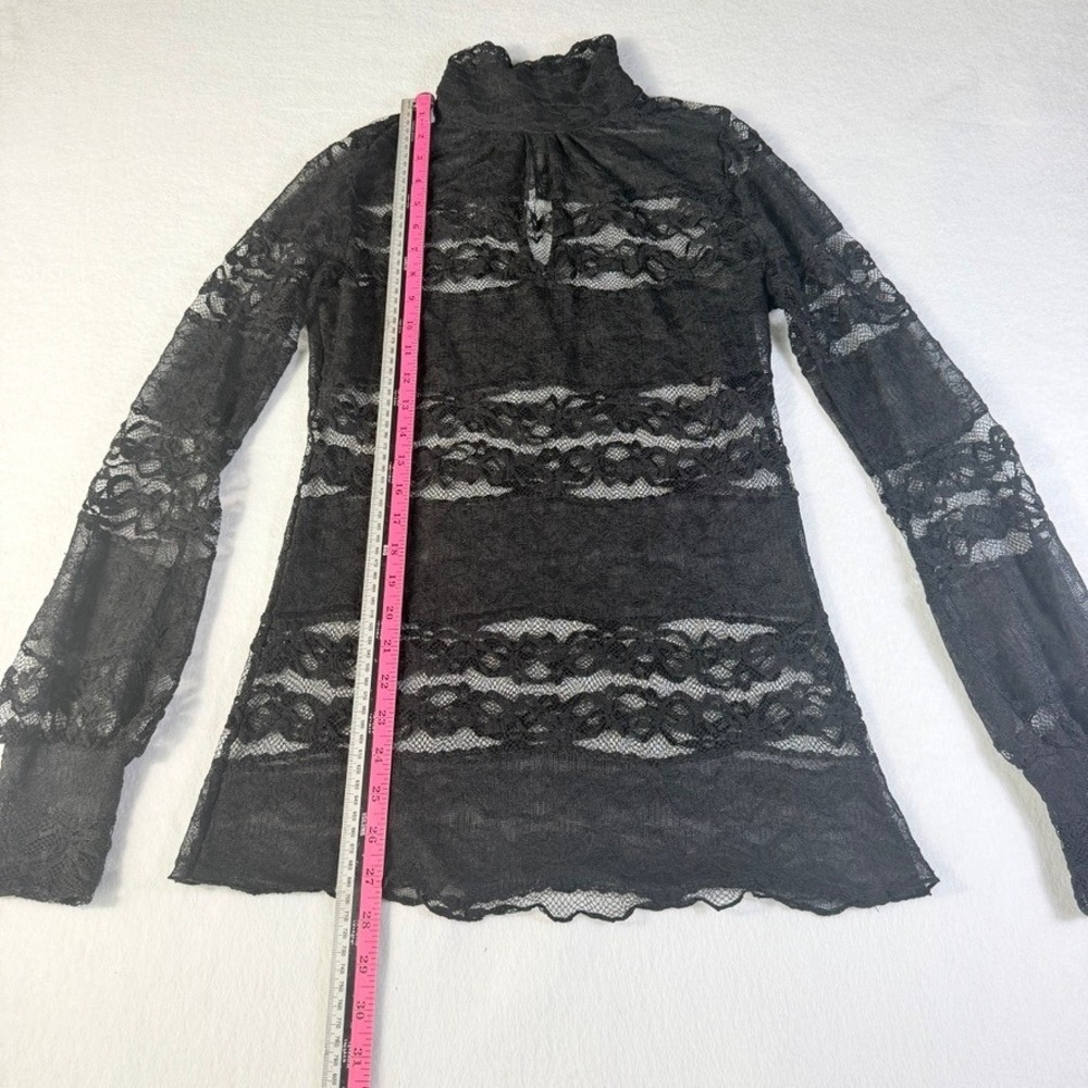 Black Sheer Floral Lace Mock Neck Long Sleeve Blouse Keyhole Mesh Top - Picture 4 of 15